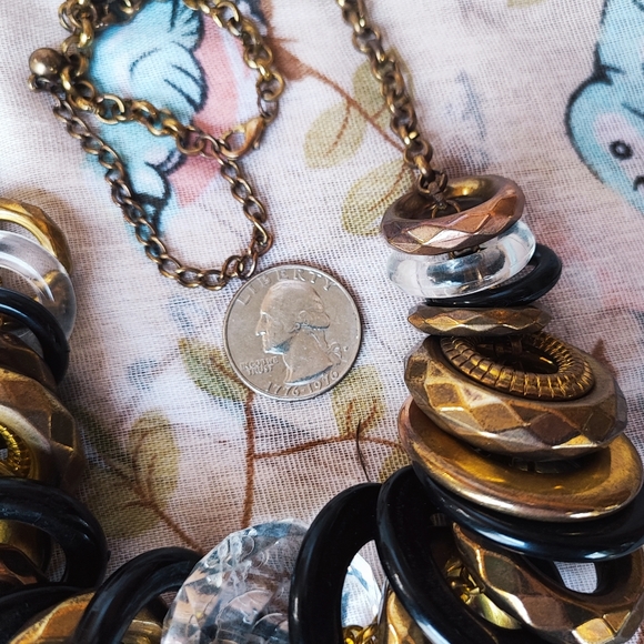 Clear Faceted Chunky Acrylic and Mixed Metal Ring Disc Brass Tone Necklace - Picture 9 of 13